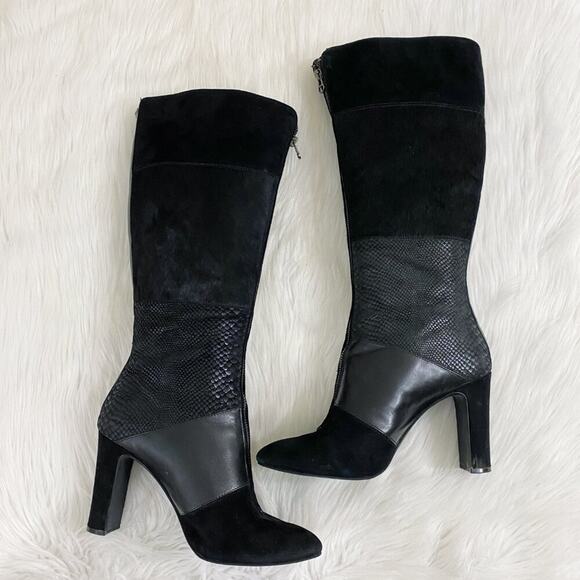 Anne Klein Black Suede & Leather Patchwork Heeled Boots Front Zip Almond Toe 10 - Picture 7 of 10